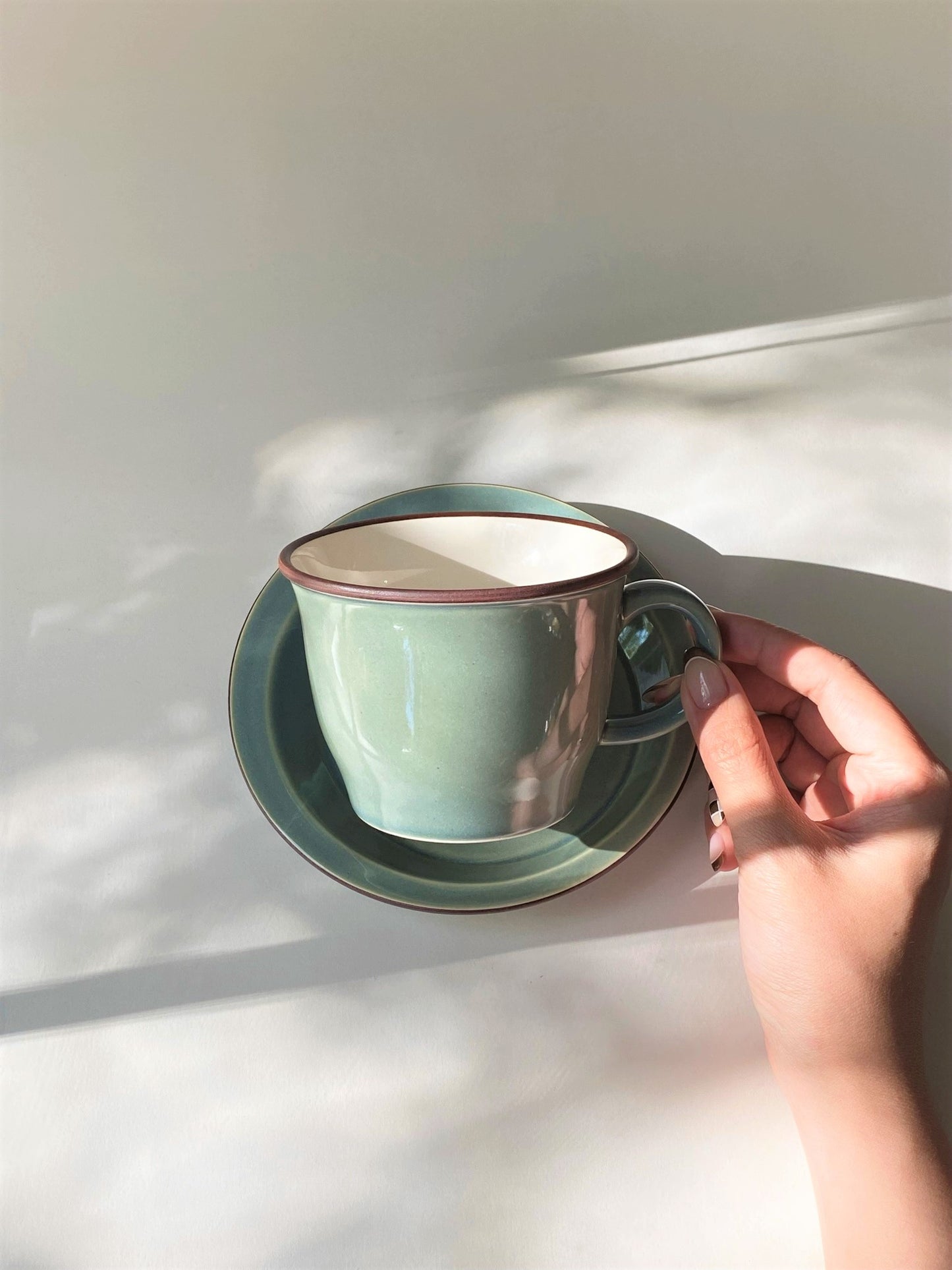 Smoky green cup & saucer Mino ware